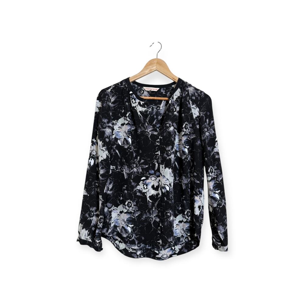 Rebecca Taylor Women's 100% Silk Black White Floral V-Neck Blouse Size 2
